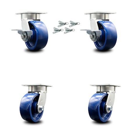 Service Caster 5 Inch Kingpinless Solid Poly Wheel Caster Swivel Locks 2 Brakes SCC, 4PK SCC-KP30S520-SPUR-SLB-BSL-2-BSL-2